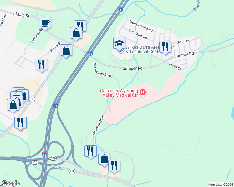 map of restaurants, bars, coffee shops, grocery stores, and more near 49-135 East Mountain Boulevard in Wilkes-Barre