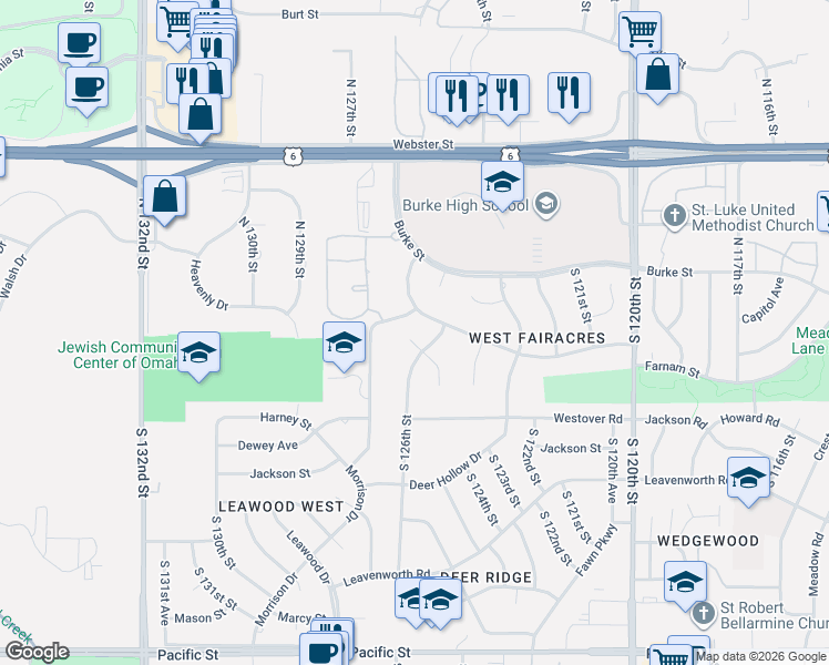 map of restaurants, bars, coffee shops, grocery stores, and more near 12615 Harney Circle in Omaha