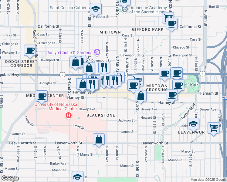 map of restaurants, bars, coffee shops, grocery stores, and more near 3815 Farnam Street in Omaha
