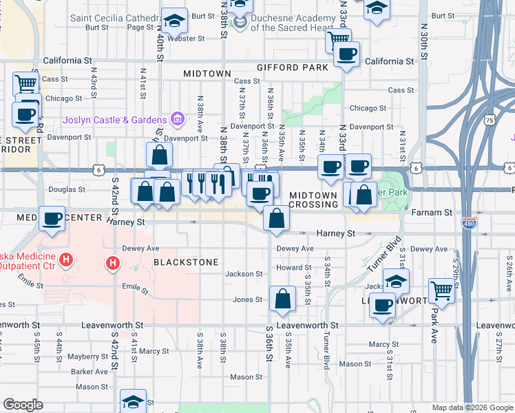 map of restaurants, bars, coffee shops, grocery stores, and more near 3618 Farnam Street in Omaha