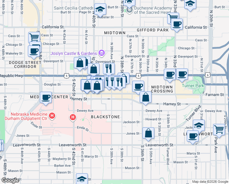 map of restaurants, bars, coffee shops, grocery stores, and more near 3824 Farnam Street in Omaha
