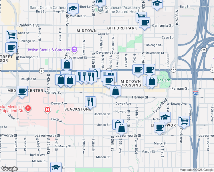 map of restaurants, bars, coffee shops, grocery stores, and more near 302 South 36th Street in Omaha