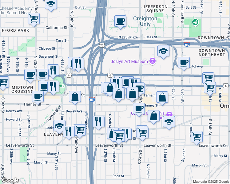 map of restaurants, bars, coffee shops, grocery stores, and more near in Omaha