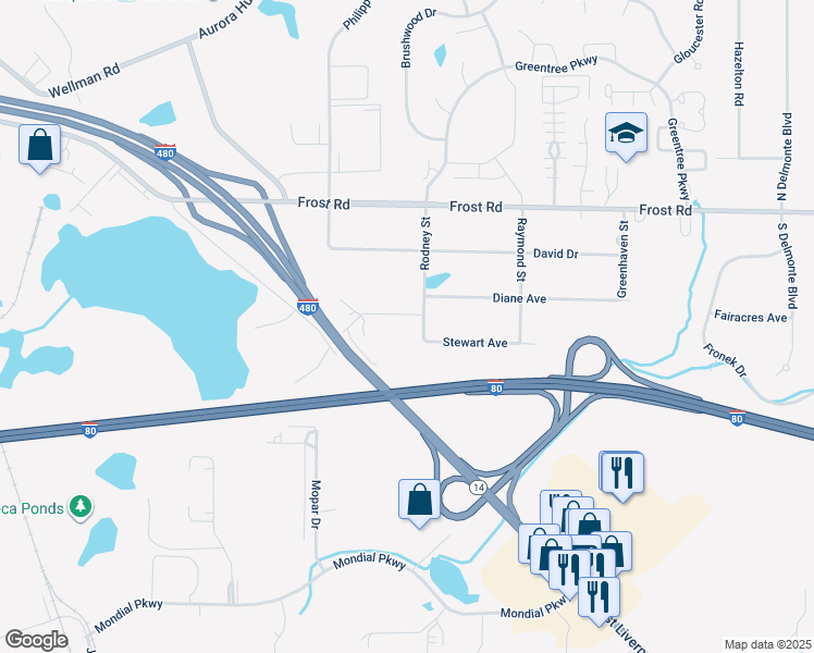 map of restaurants, bars, coffee shops, grocery stores, and more near 665 Stewart Avenue in Streetsboro