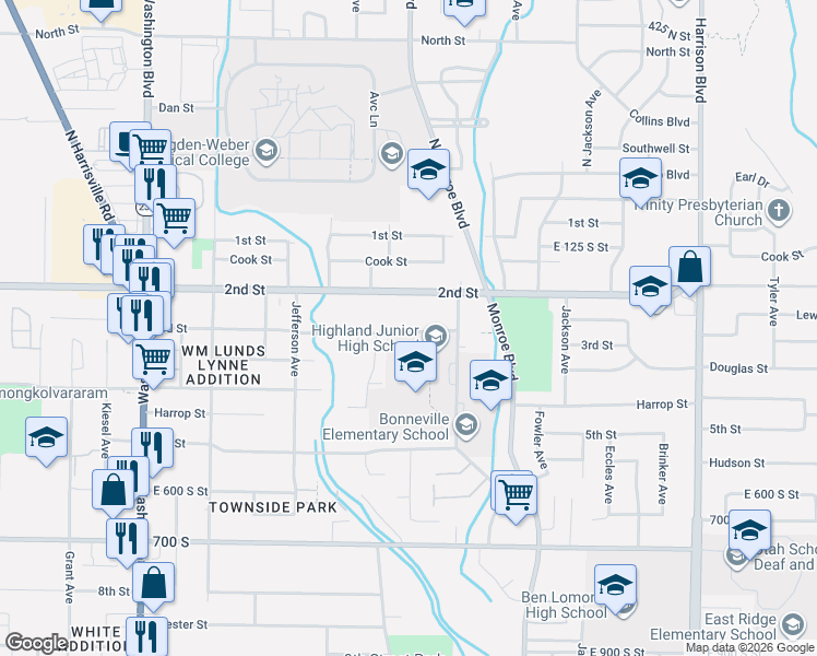 map of restaurants, bars, coffee shops, grocery stores, and more near 326 Madison Avenue in Ogden
