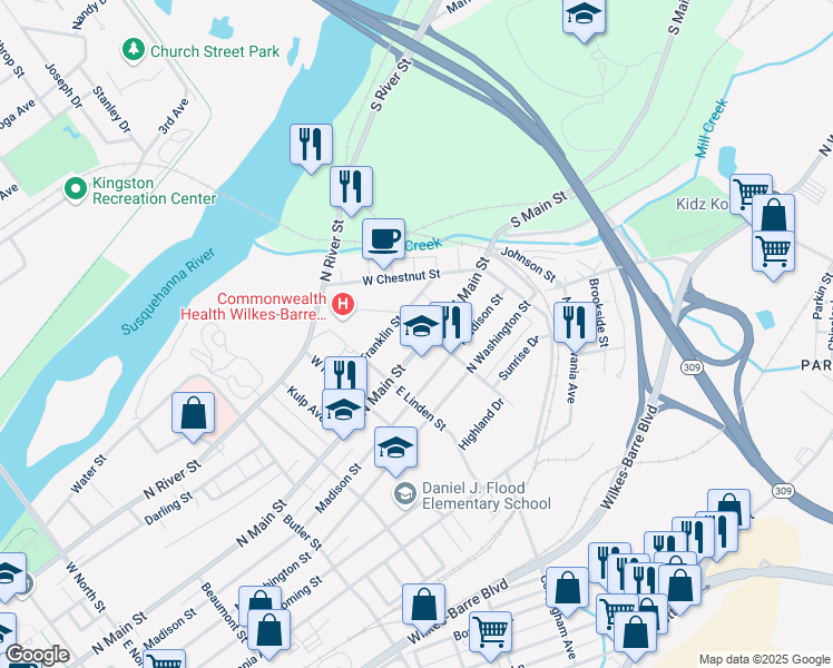 map of restaurants, bars, coffee shops, grocery stores, and more near 612 North Main Street in Wilkes-Barre
