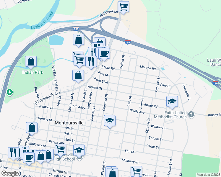 map of restaurants, bars, coffee shops, grocery stores, and more near 800-898 Weaver Street in Montoursville