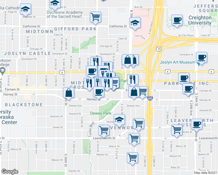 map of restaurants, bars, coffee shops, grocery stores, and more near 3157 Farnam Street in Omaha