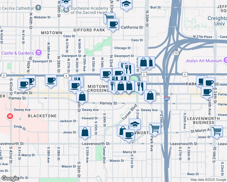 map of restaurants, bars, coffee shops, grocery stores, and more near 3201 Farnam Street in Omaha