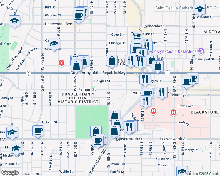 map of restaurants, bars, coffee shops, grocery stores, and more near 4649 Farnam Street in Omaha