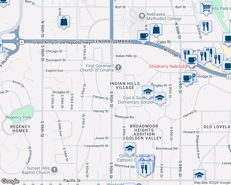 map of restaurants, bars, coffee shops, grocery stores, and more near 8914 Farnam Court in Omaha