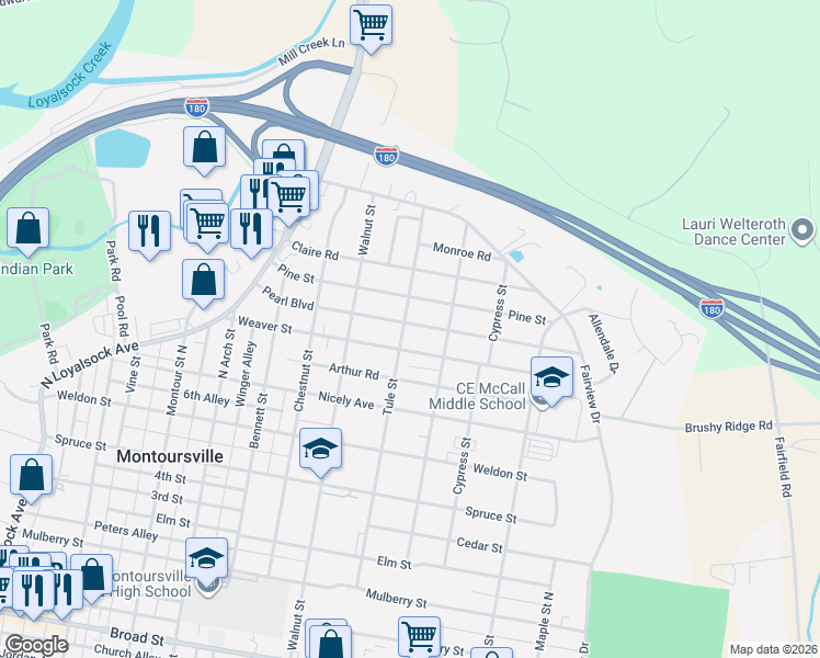 map of restaurants, bars, coffee shops, grocery stores, and more near 1001-1099 Weaver St in Montoursville