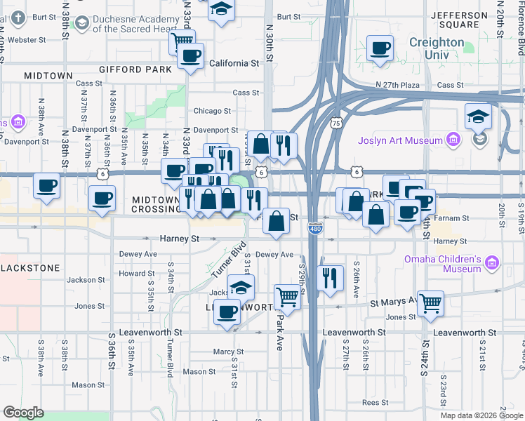 map of restaurants, bars, coffee shops, grocery stores, and more near 2955 Farnam Street in Omaha