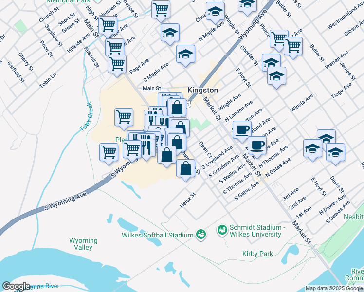 map of restaurants, bars, coffee shops, grocery stores, and more near 527 Northampton Street in Kingston