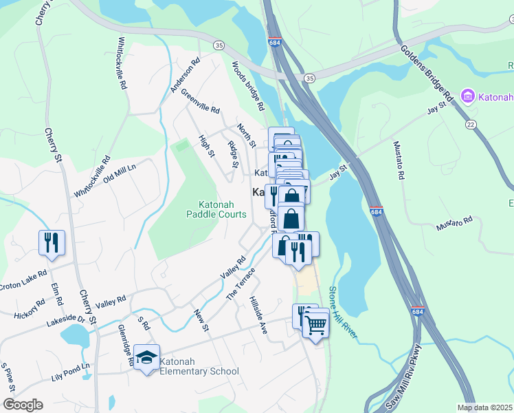 map of restaurants, bars, coffee shops, grocery stores, and more near 31 Bedford Road in Katonah
