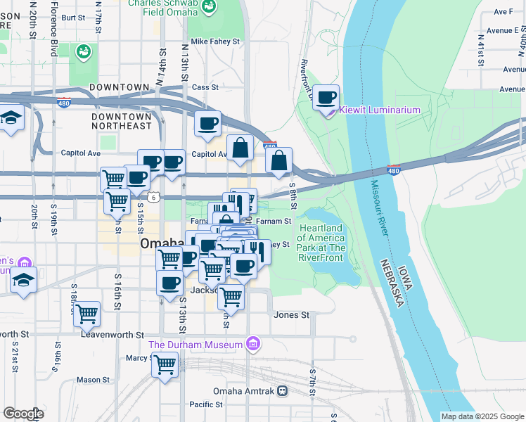 map of restaurants, bars, coffee shops, grocery stores, and more near 900 Farnam Street in Omaha