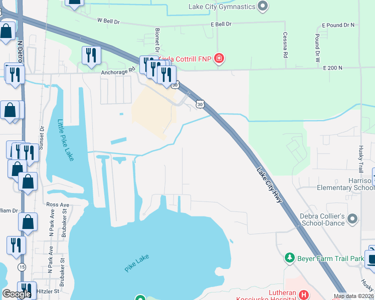 map of restaurants, bars, coffee shops, grocery stores, and more near 1939 Robb Road in Warsaw