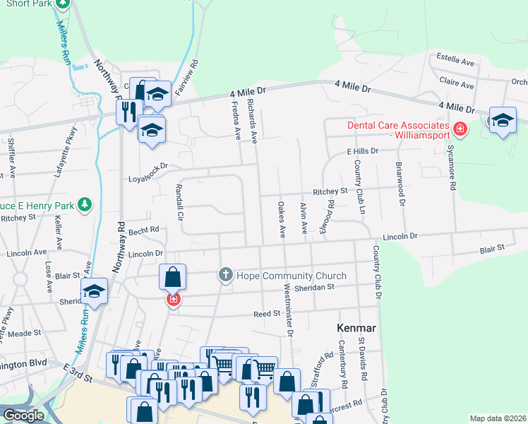 map of restaurants, bars, coffee shops, grocery stores, and more near 1432 Richards Avenue in Williamsport