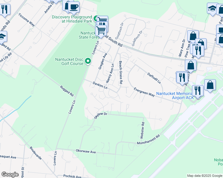 map of restaurants, bars, coffee shops, grocery stores, and more near 20 Davkim Lane in Nantucket