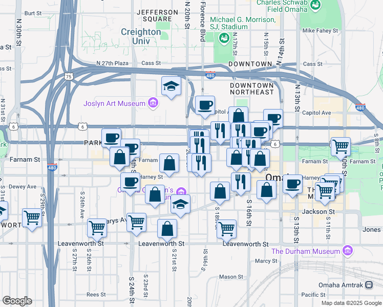 map of restaurants, bars, coffee shops, grocery stores, and more near 1919 Douglas Street in Omaha