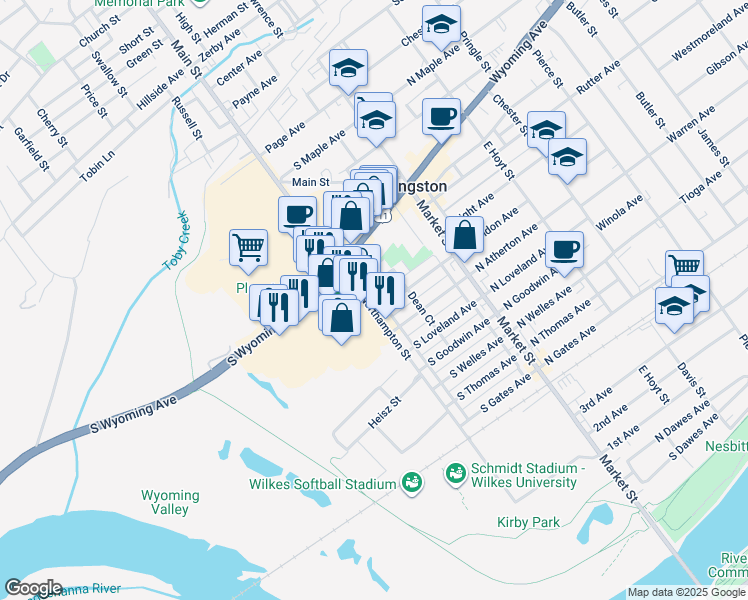 map of restaurants, bars, coffee shops, grocery stores, and more near 527 Northampton Street in Kingston