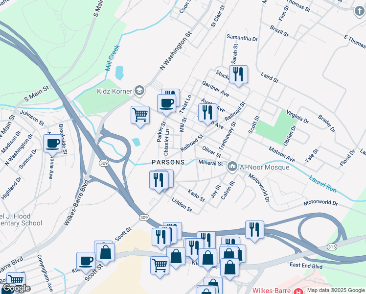 map of restaurants, bars, coffee shops, grocery stores, and more near 35-37 Mill Street in Wilkes-Barre