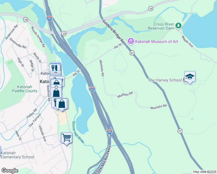 map of restaurants, bars, coffee shops, grocery stores, and more near 57 Mustato Road in Katonah