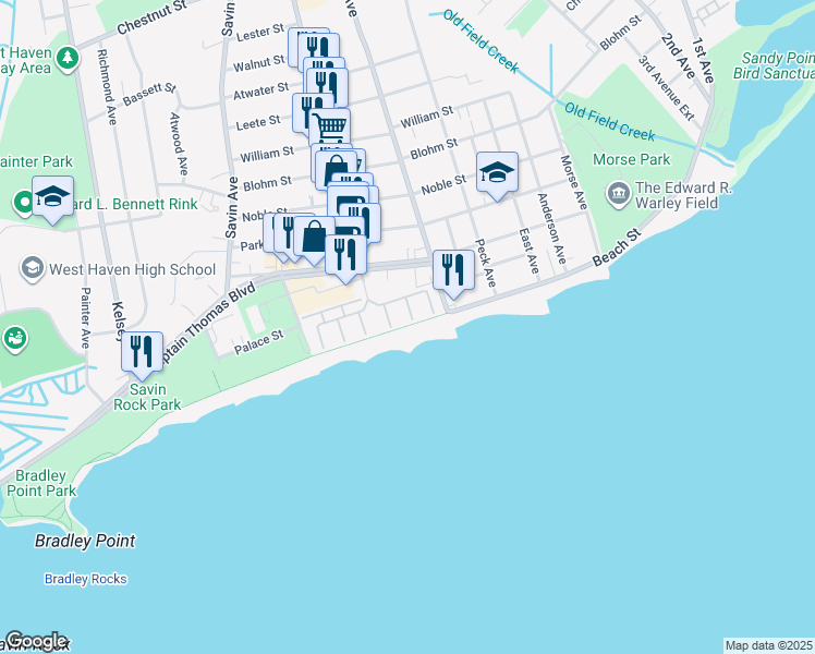 map of restaurants, bars, coffee shops, grocery stores, and more near 195 West Walk in West Haven