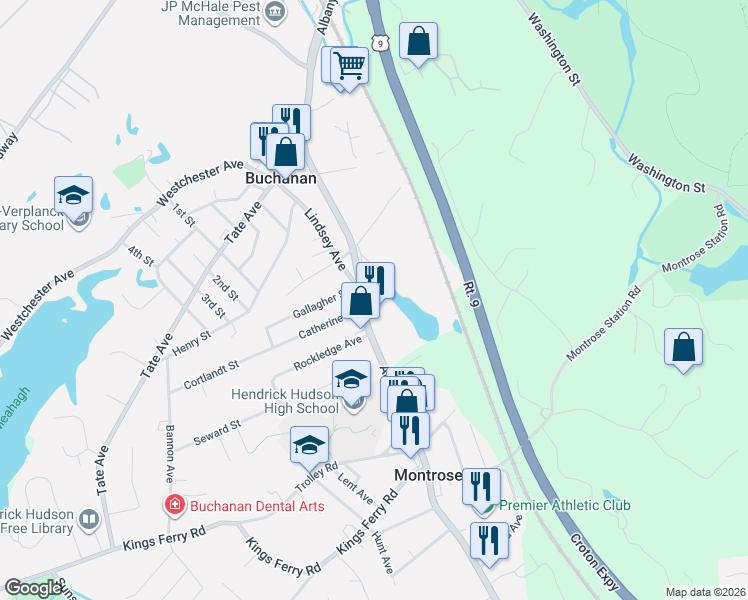 map of restaurants, bars, coffee shops, grocery stores, and more near 113 Albany Post Road in Buchanan