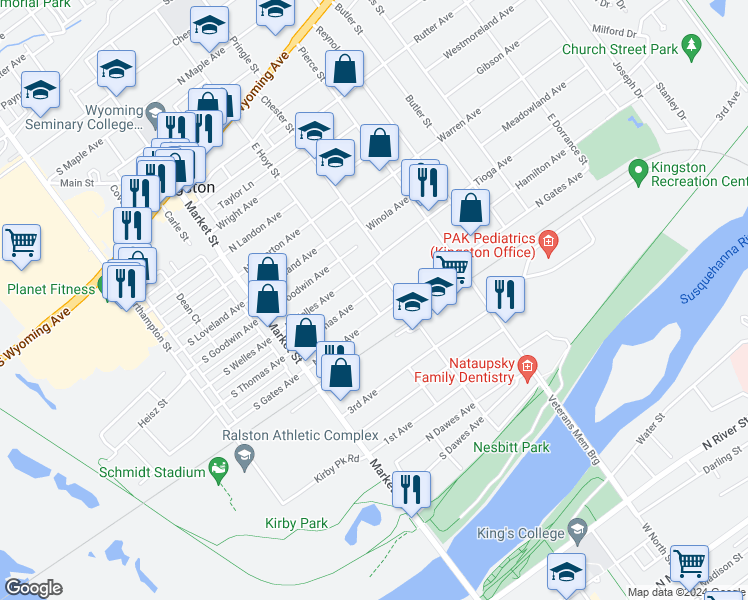 map of restaurants, bars, coffee shops, grocery stores, and more near 81 N Gates Ave in Kingston