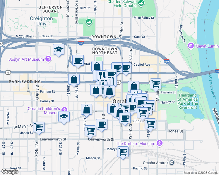 map of restaurants, bars, coffee shops, grocery stores, and more near in Omaha