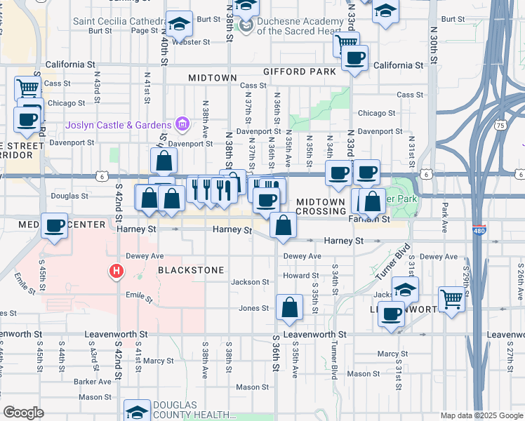 map of restaurants, bars, coffee shops, grocery stores, and more near 302 South 36th Street in Omaha