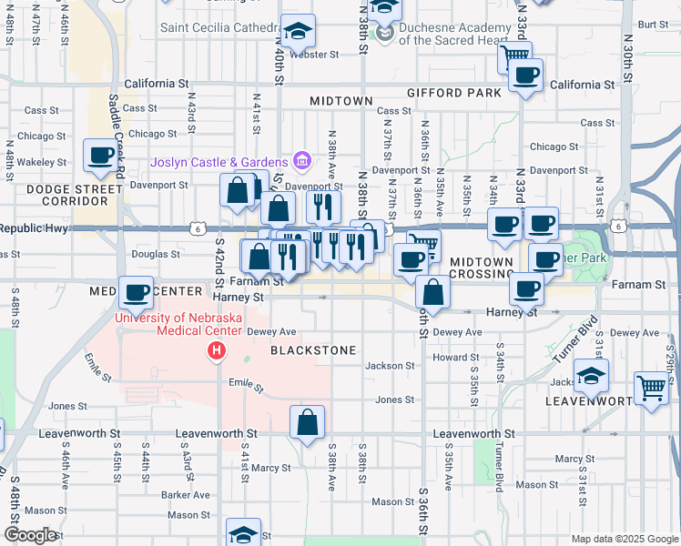 map of restaurants, bars, coffee shops, grocery stores, and more near 3815 Farnam Street in Omaha