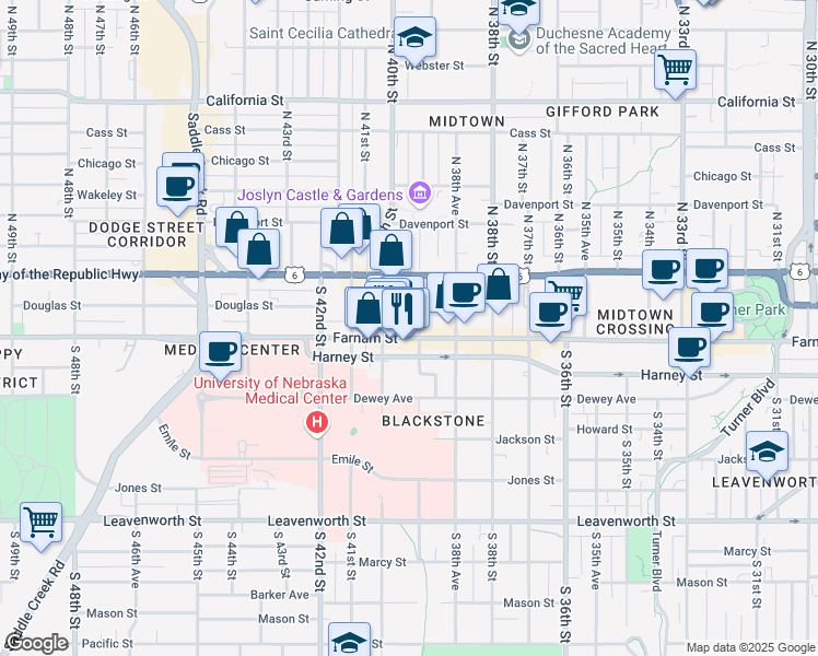 map of restaurants, bars, coffee shops, grocery stores, and more near 3926 Harney Street in Omaha