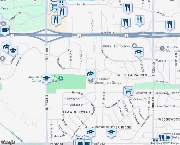 map of restaurants, bars, coffee shops, grocery stores, and more near 12727 Westchester Plaza in Omaha