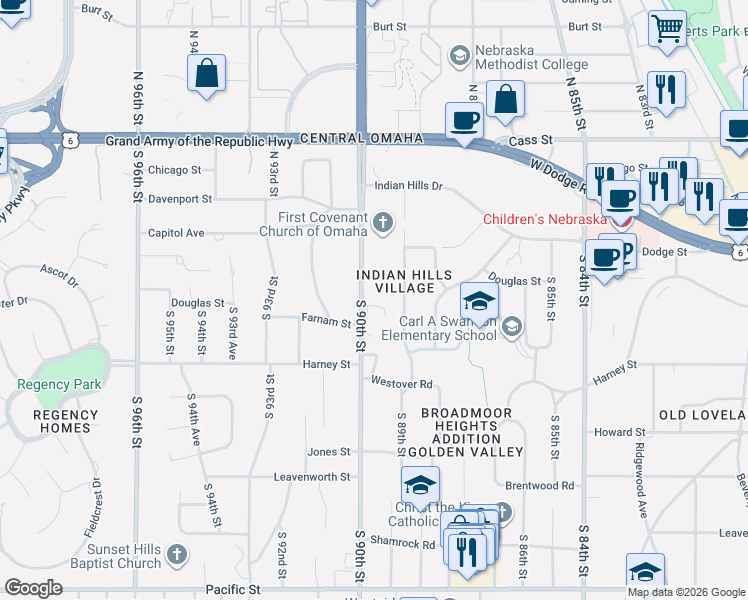 map of restaurants, bars, coffee shops, grocery stores, and more near 8914 Farnam Court in Omaha
