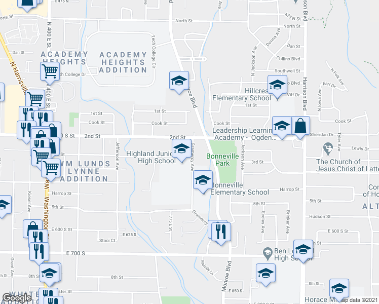 map of restaurants, bars, coffee shops, grocery stores, and more near 300 Gramercy Avenue in Ogden