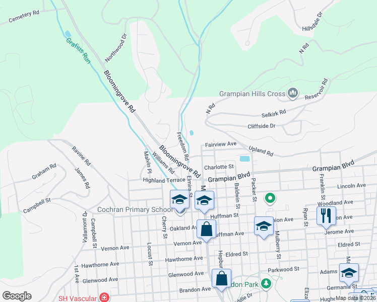map of restaurants, bars, coffee shops, grocery stores, and more near 1450 Freedom Road in Williamsport