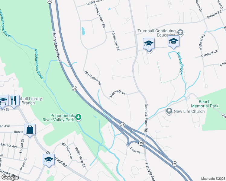 map of restaurants, bars, coffee shops, grocery stores, and more near 35 Macmath Drive in Trumbull
