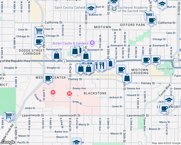 map of restaurants, bars, coffee shops, grocery stores, and more near 3870 Harney Street in Omaha