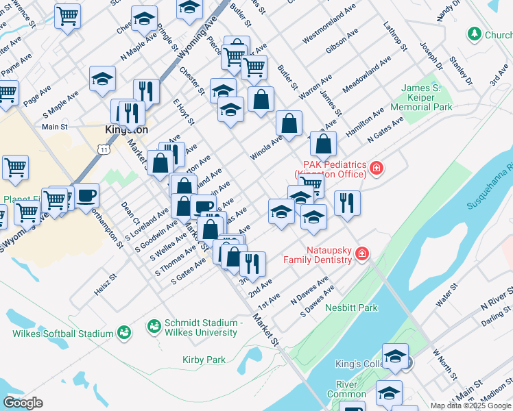 map of restaurants, bars, coffee shops, grocery stores, and more near 109 North Thomas Avenue in Kingston