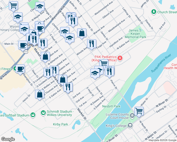 map of restaurants, bars, coffee shops, grocery stores, and more near 131 3rd Avenue in Kingston