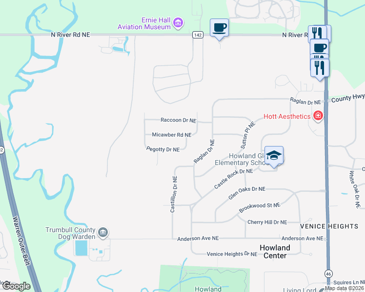 map of restaurants, bars, coffee shops, grocery stores, and more near 7733 Pegotty Drive Northeast in Warren