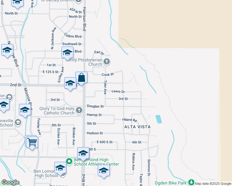 map of restaurants, bars, coffee shops, grocery stores, and more near 1363 Lewis Drive in Ogden