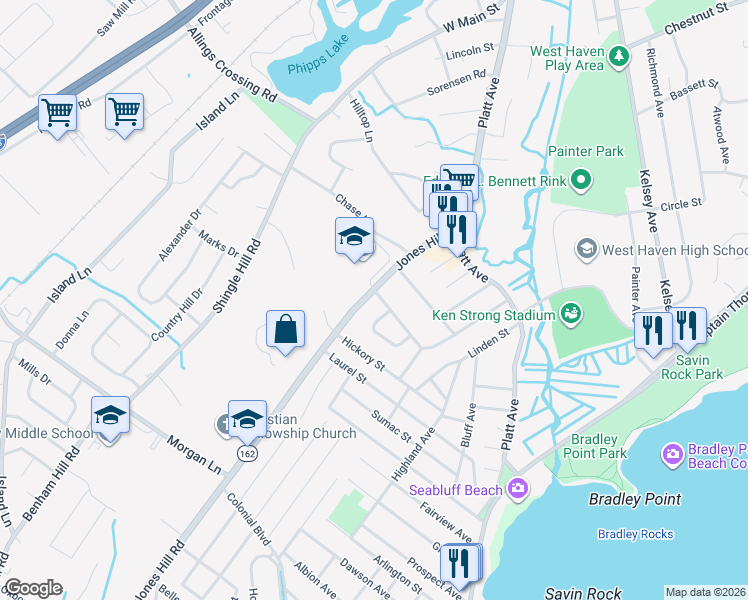 map of restaurants, bars, coffee shops, grocery stores, and more near 41 Barbara Lane in West Haven