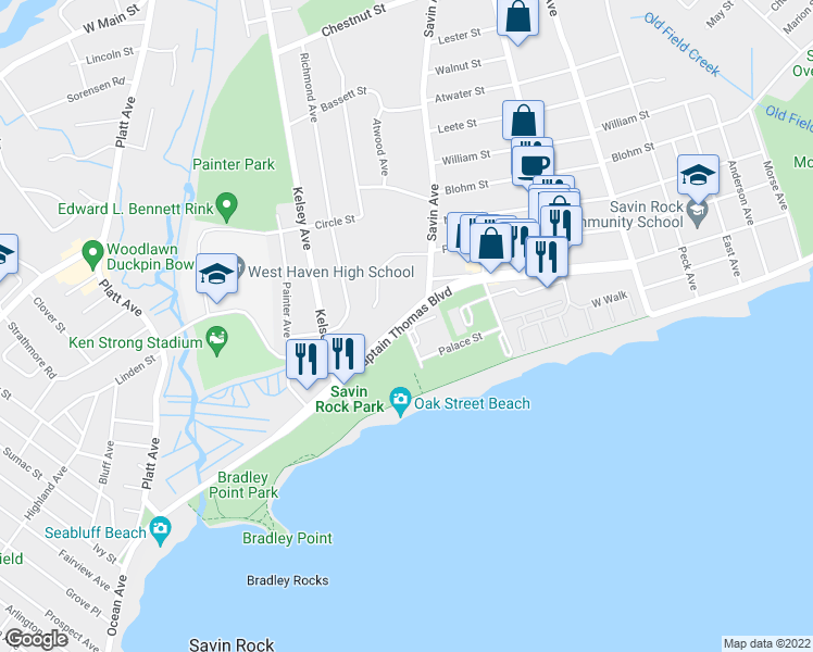 map of restaurants, bars, coffee shops, grocery stores, and more near in West Haven