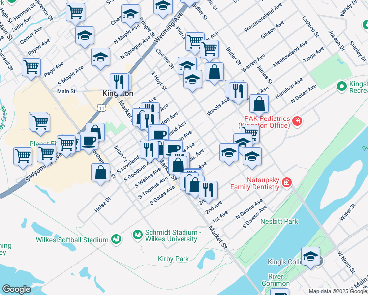 map of restaurants, bars, coffee shops, grocery stores, and more near 44 North Thomas Avenue in Kingston