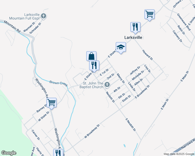 map of restaurants, bars, coffee shops, grocery stores, and more near 179 Nesbitt Street in Larksville