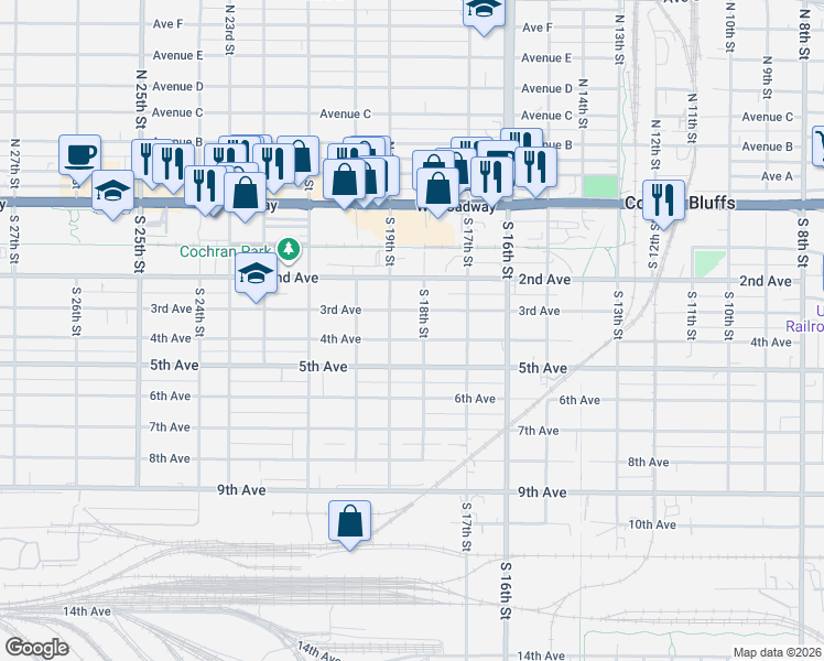 map of restaurants, bars, coffee shops, grocery stores, and more near 408 South 18th Street in Council Bluffs