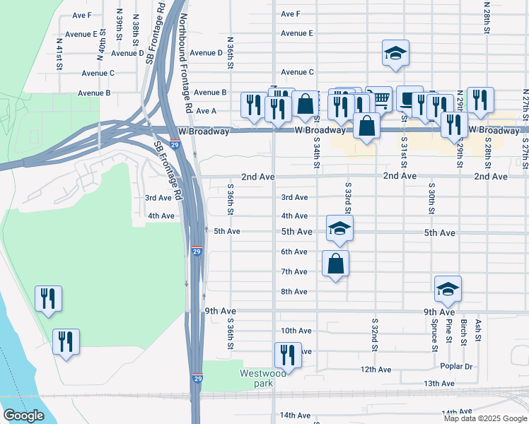 map of restaurants, bars, coffee shops, grocery stores, and more near 3510 5th Avenue in Council Bluffs